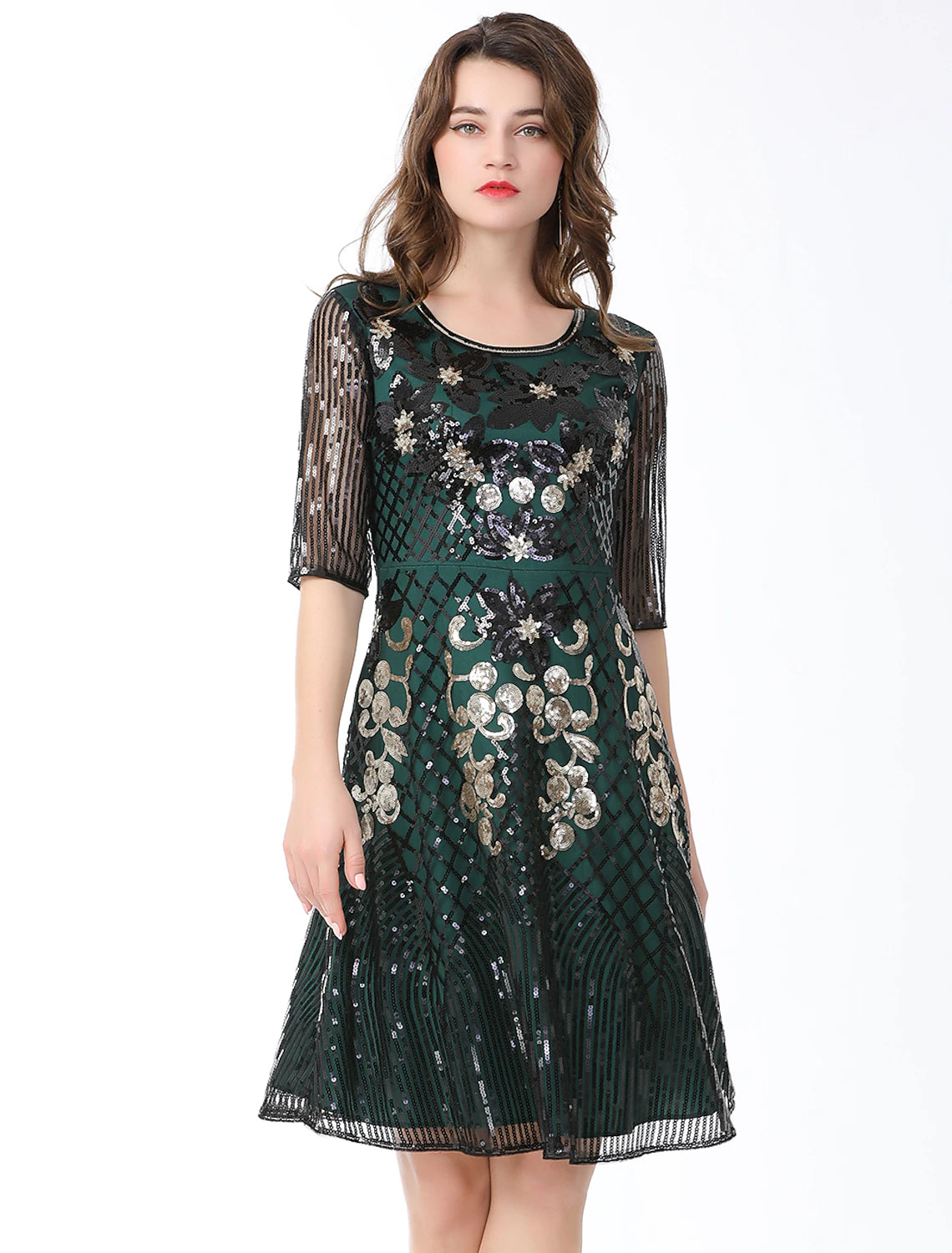 Wholesale A-Line Cocktail Dresses Vintage Dress Holiday Party Wear Knee Length Half Sleeve Jewel Neck Cotton Blend with Sequin Splicing